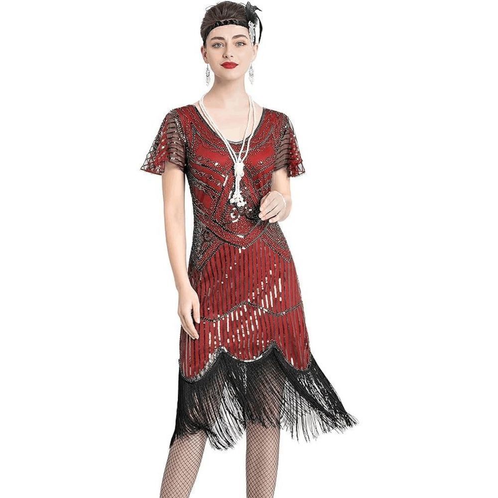 ❤️✨ Flapper Great Gatsby 1920s Retro Tassel Fringe Sequin Midi Red Dress M NEW